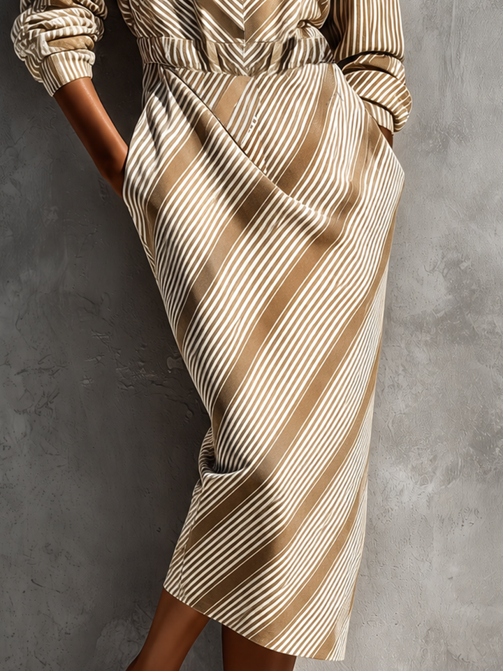 Women's Khaki Cotton-linen Stripe Collared Half Zip Waist Pocket Midi Shirt Dress MDZ0820G9YZJ