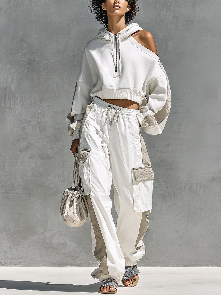 Women's Two Tone Patchwork Asymmetrical Cold Shoulder Hooded Sweatshirt Multi Pocket Cargo Pants Tracksuit Set MDZ0802G2YZJ