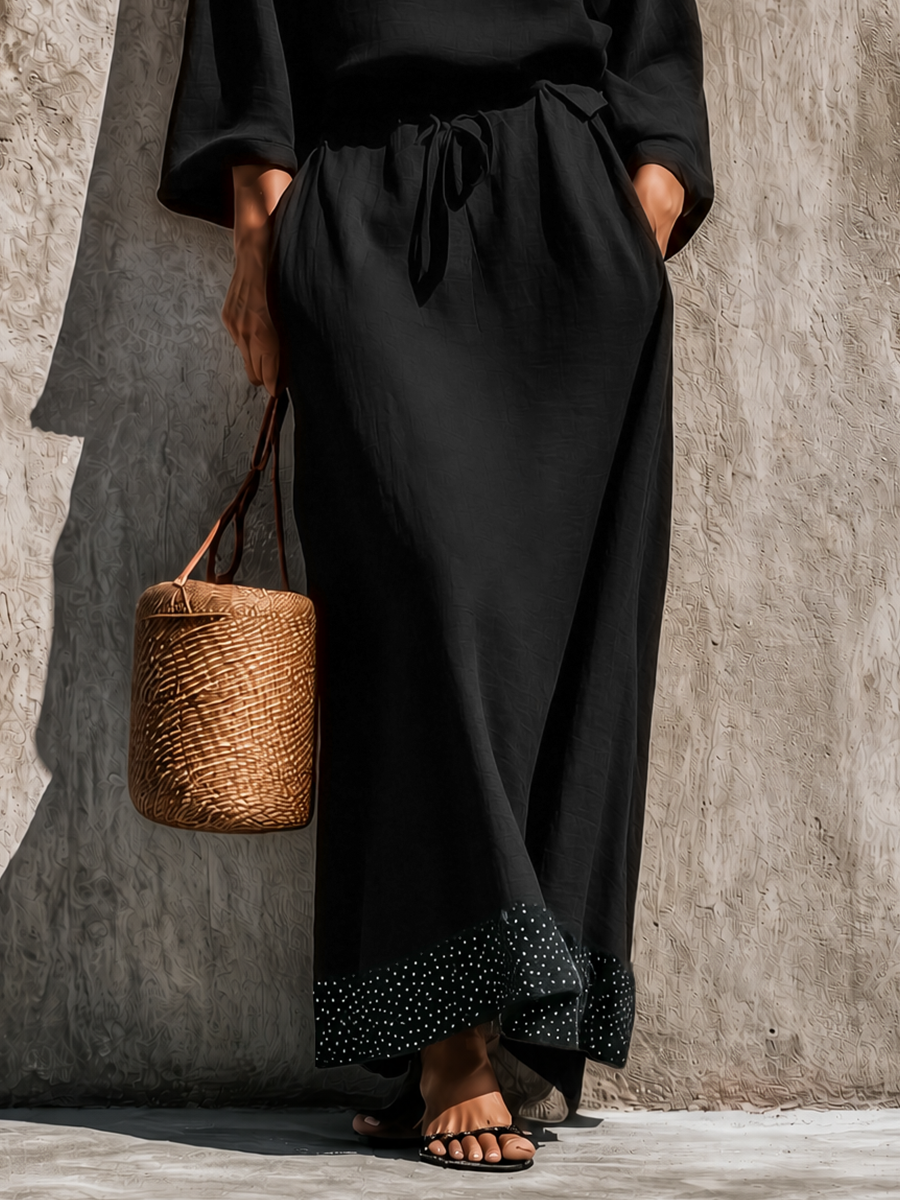 Women's Solid Black Linen Blend High Neck Loose Top Matching Wide Leg Polka Dot Trim Maxi Skirt Two Piece Set MDZ0975G7YZJ