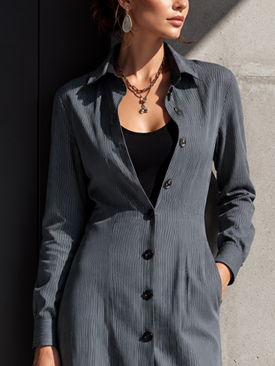 Women's Mature Commuter Grey Thin Stripe Cotton Blend Lapel Waist Slit Pocket Shirt Midi Dress MDZ0990G0GMJ