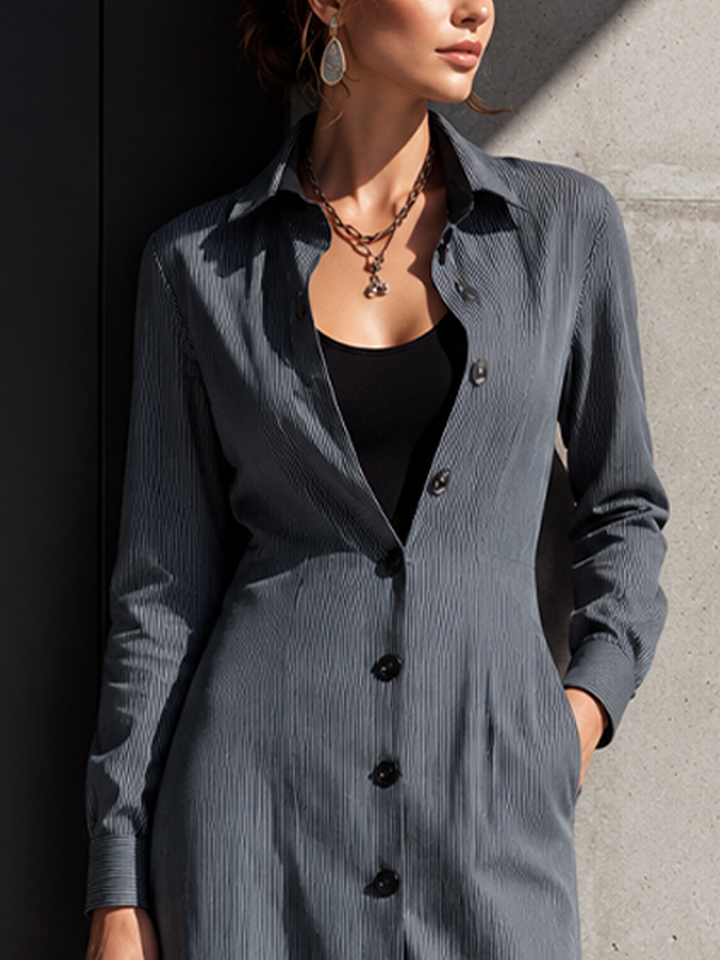 Women's Mature Commuter Grey Thin Stripe Cotton Blend Lapel Waist Slit Pocket Shirt Midi Dress MDZ0990G0GMJ