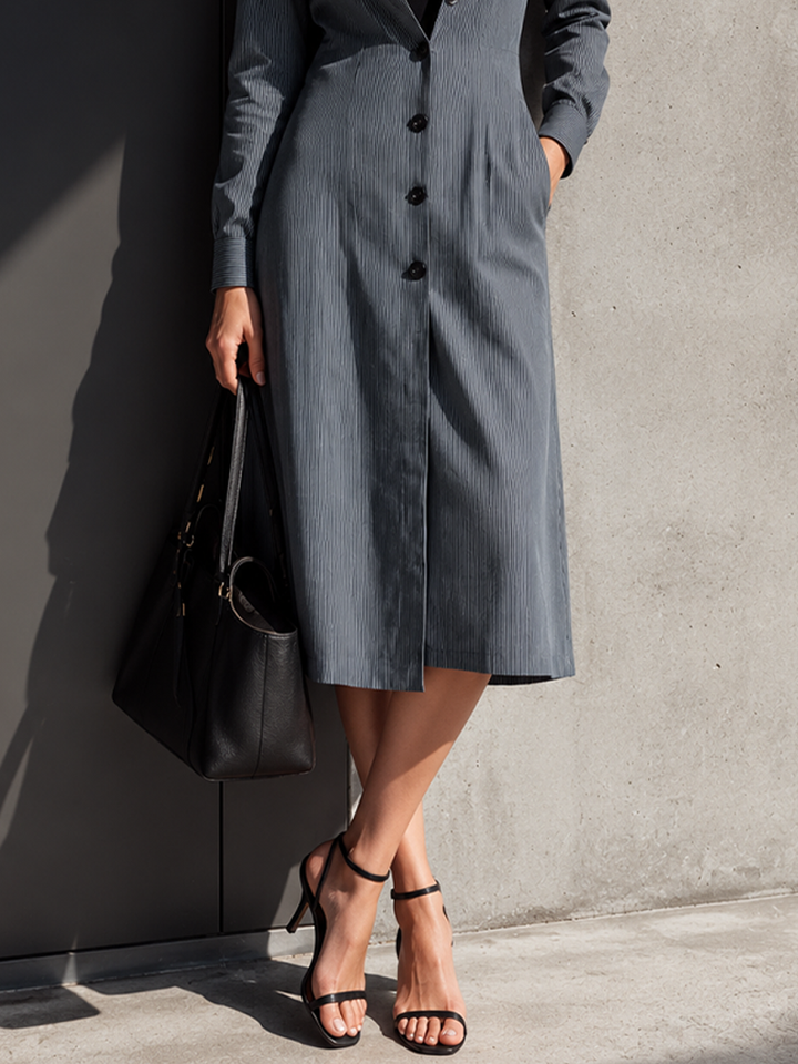 Women's Mature Commuter Grey Thin Stripe Cotton Blend Lapel Waist Slit Pocket Shirt Midi Dress MDZ0990G0GMJ