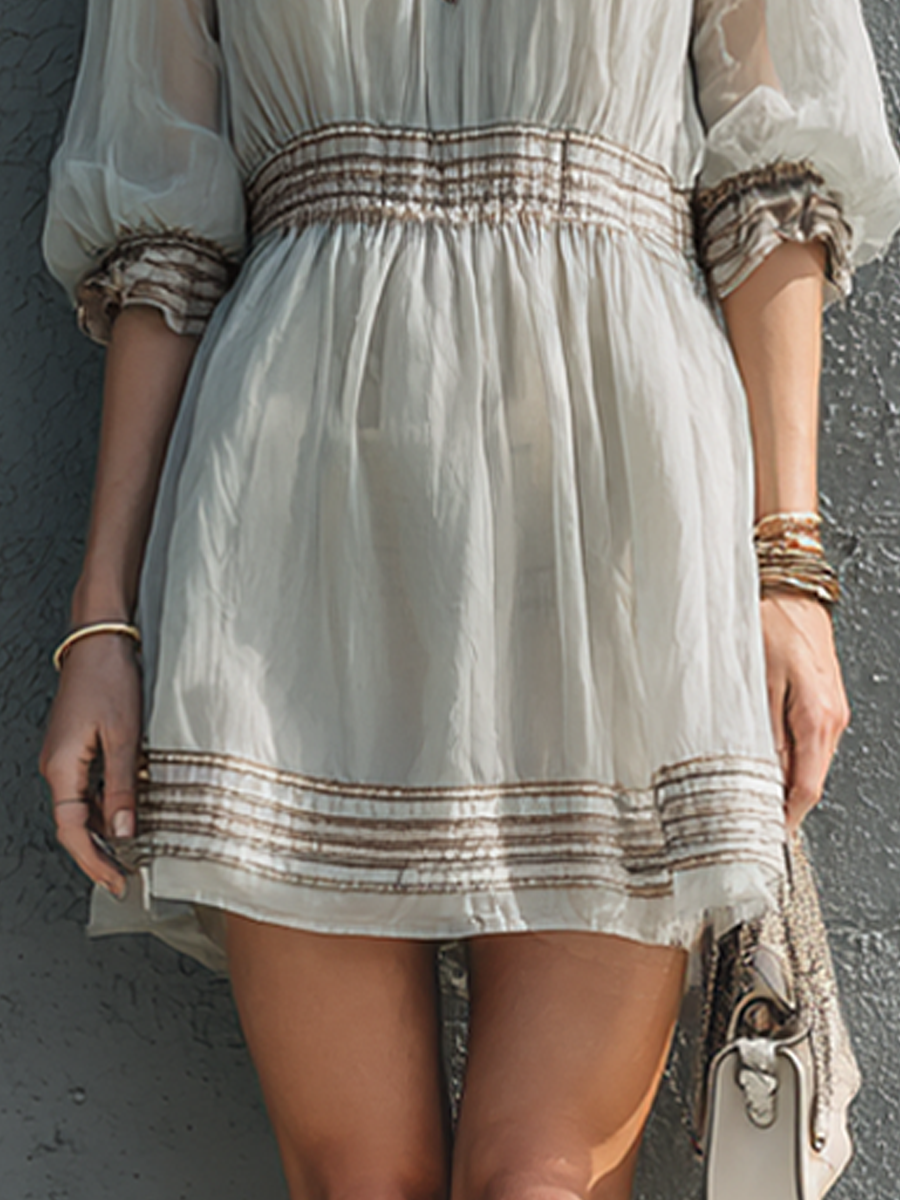 Women's Simple And Elegant Light Gray Chiffon Elastic Gathered Puff Sleeve Short Dress MDZ0986G4GMJ