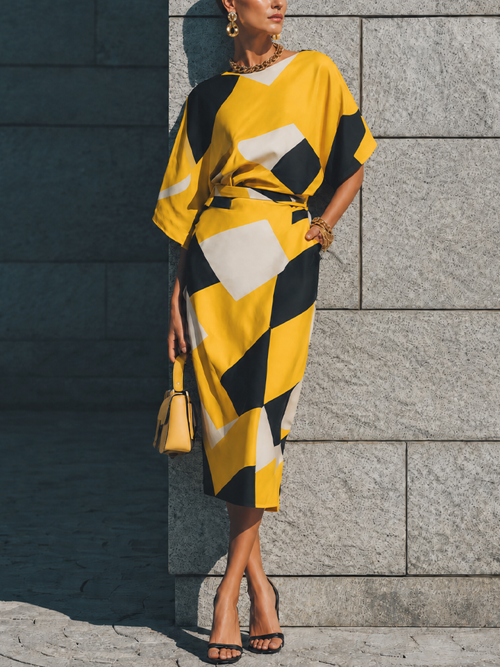 Women's Luxury Retro Yellow Black Geometric Print Cotton Blend Waist Tie Split Midi Skirt Two Piece Set MDZ0913G2GMJ