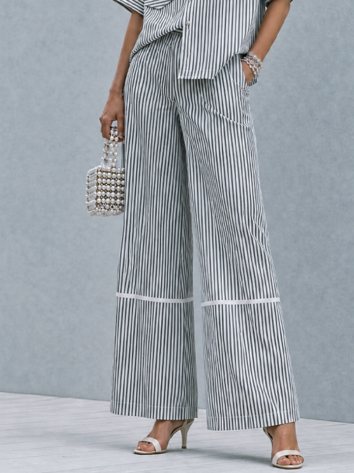 Women's Commuter Casual Black And White Vertical Stripe Cotton Blend Lapel Patch Pocket Wide Leg Trousers Two Piece Set MDZ0902G5GMJ