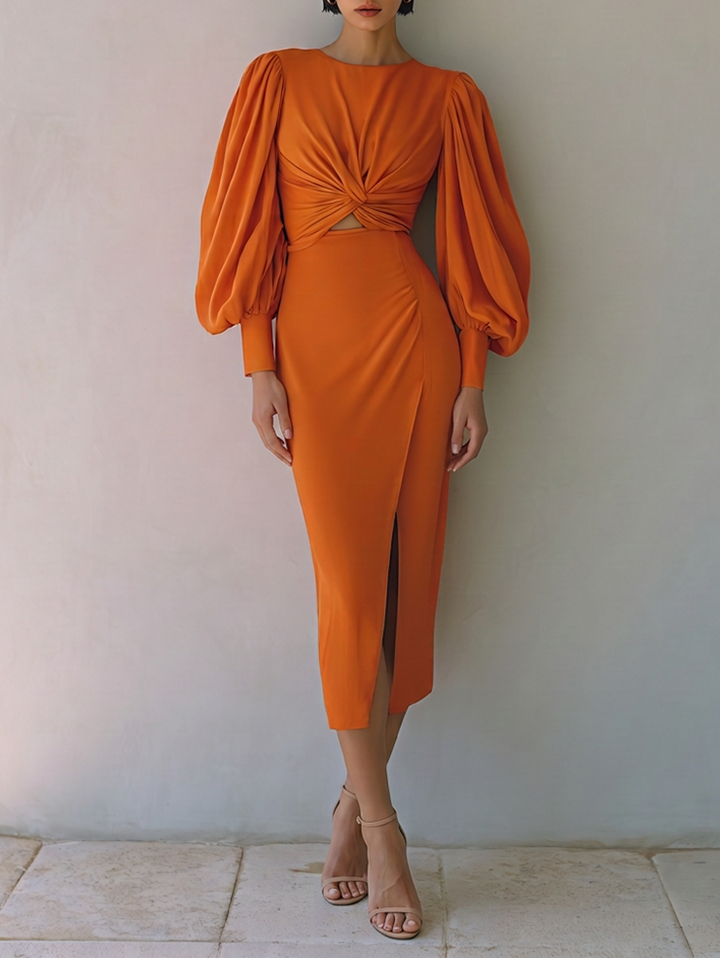 Women's Elegant Burnt Orange Twist Front Cutout Waist Balloon Sleeve Midi Dress MDZ1099G2ZSQ