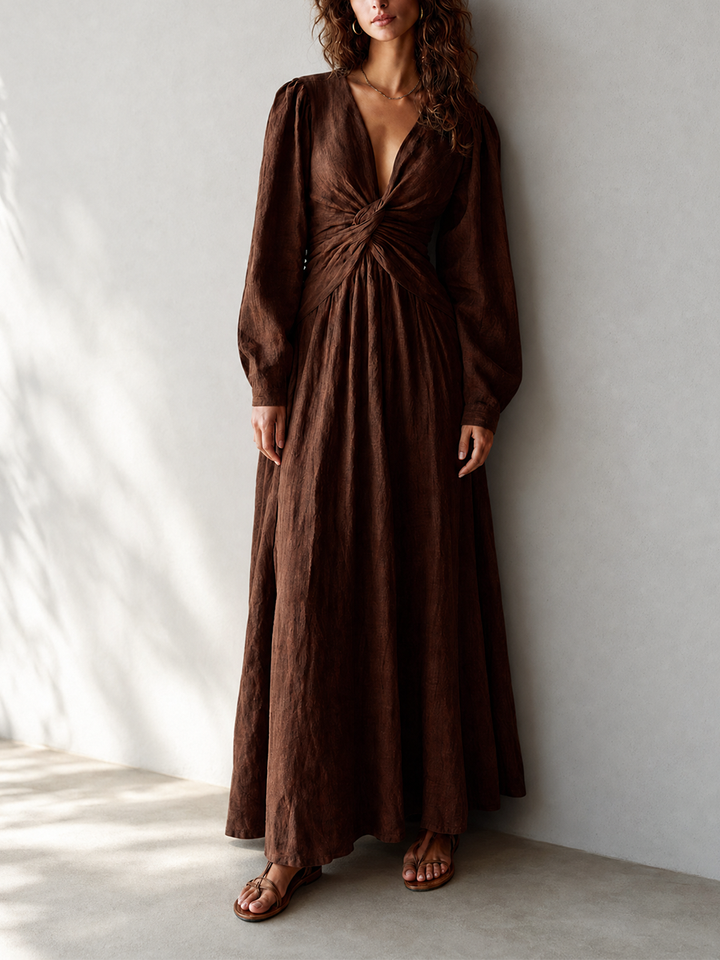 Women's Resort-Style Chocolate Brown Deep V-Neck Twist-Front Bishop-Sleeve Cinched-Waist Linen Maxi Dress MDZ1088G6CMX