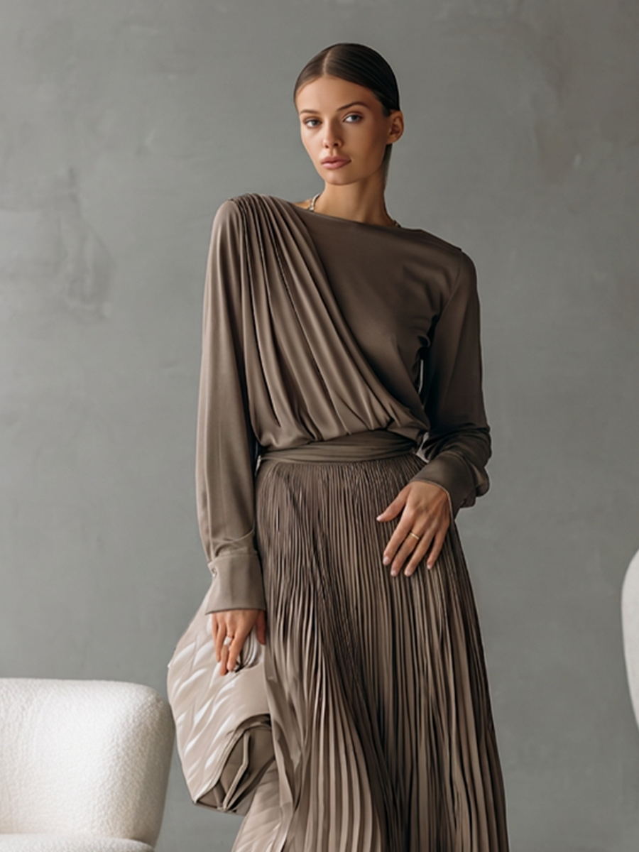 Women's Taupe Two-Piece Set With Draped Wrap Long Sleeve Top & High Waist Pleated Maxi Skirt, Minimalist Elegant Formal Matching Outfit MDZ1356G3LYL