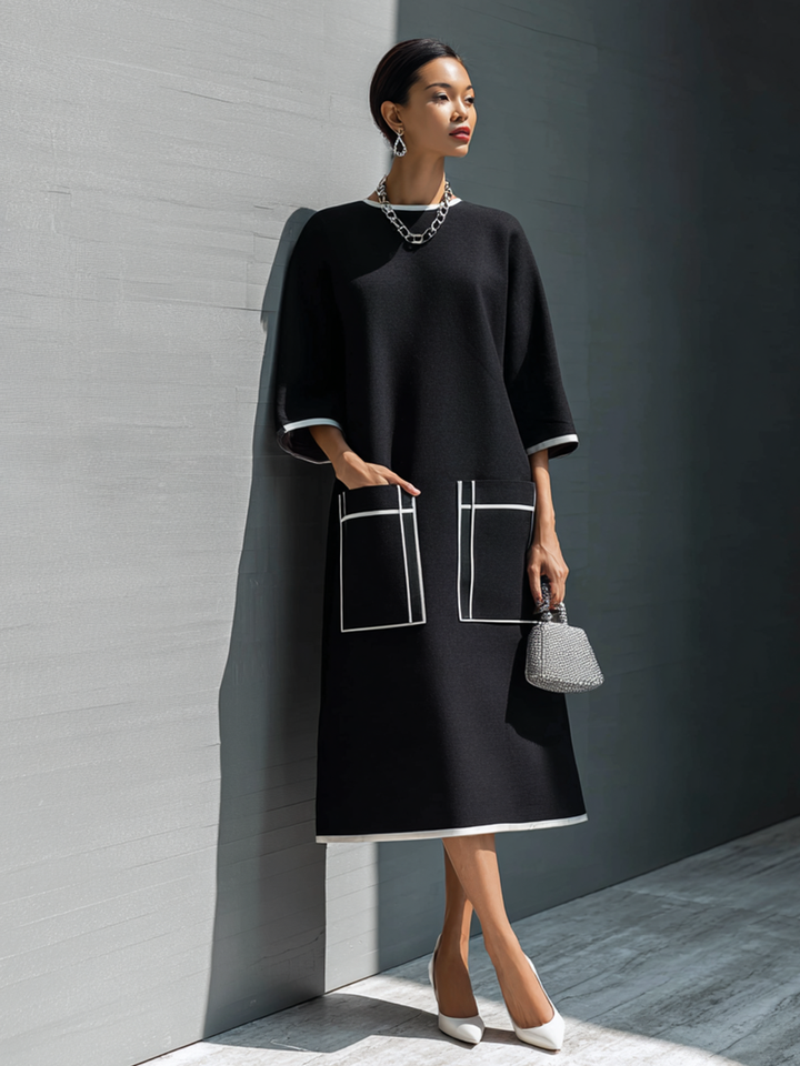 Women's Luxury Commuter Black Cotton Blend Contrast Stitch Patch Pocket 3/4 Sleeve Midi Dress MDZ1060G4GMJ