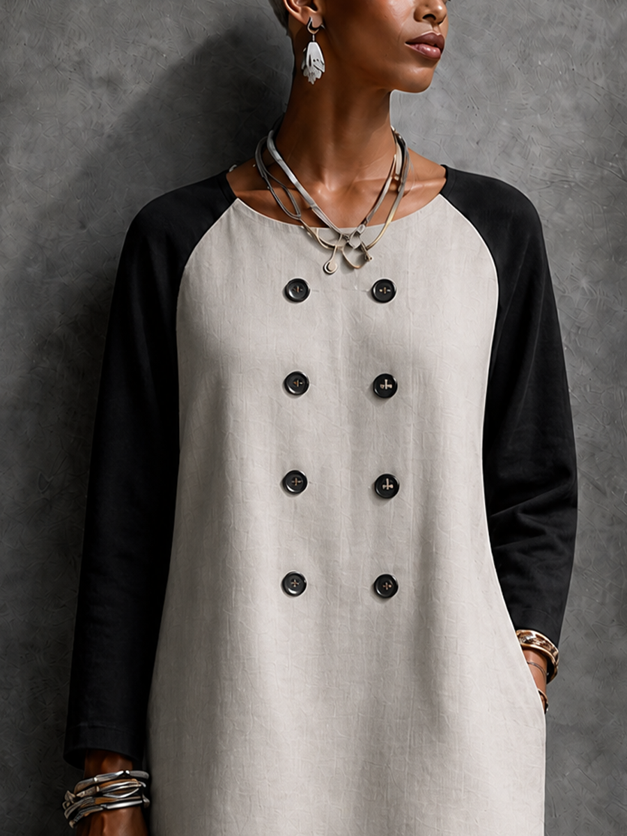 Women's Retro Linen Off White Spliced Black Cotton Blend Linen Raglan Double Breasted Mini Dress MDZ1087G5GMJ