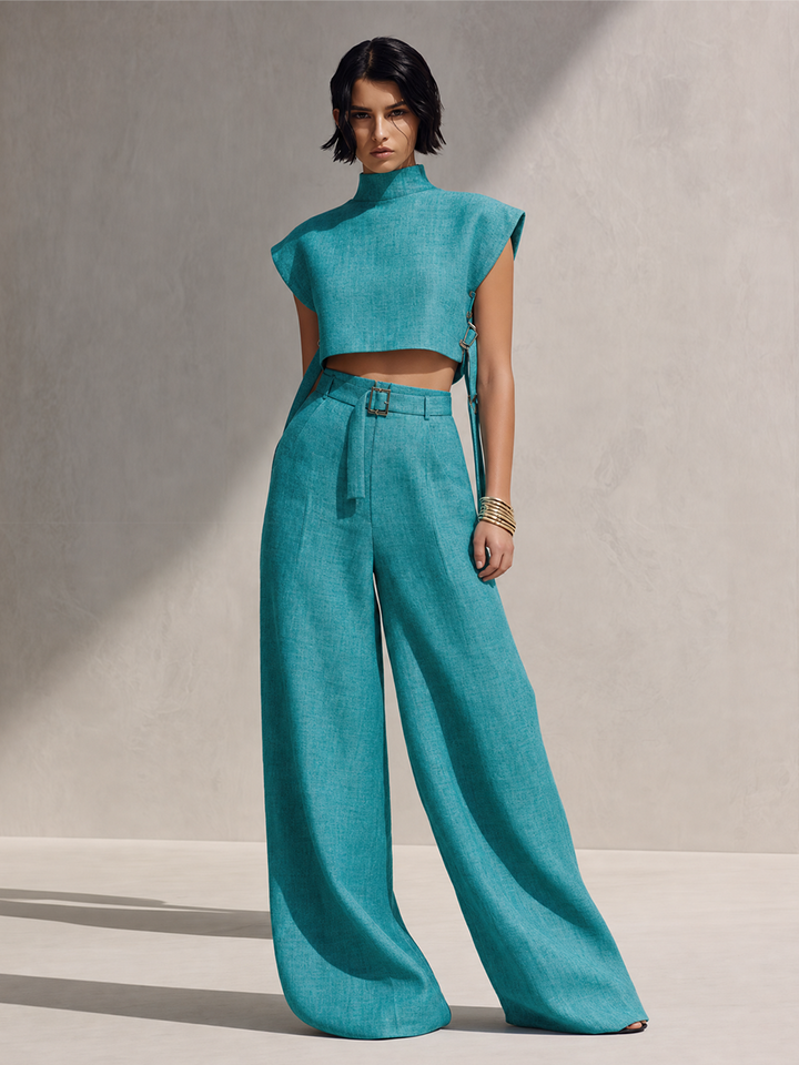 Women's Modern Teal Linen Blend Mock Neck Sleeveless Cropped Top And High-Waist Belted Wide-Leg Pants Two-Piece Set MDZ1383G1ZSQ