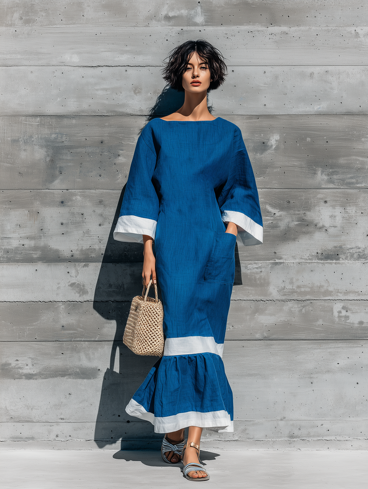 Women’s Blue Cotton-linen blend Boat Neck Three Quarter Flare Cuff White Contrast Trim Tiered Ruffle Hem Midi Dress With Side Pockets MDZ1315G7YZJ