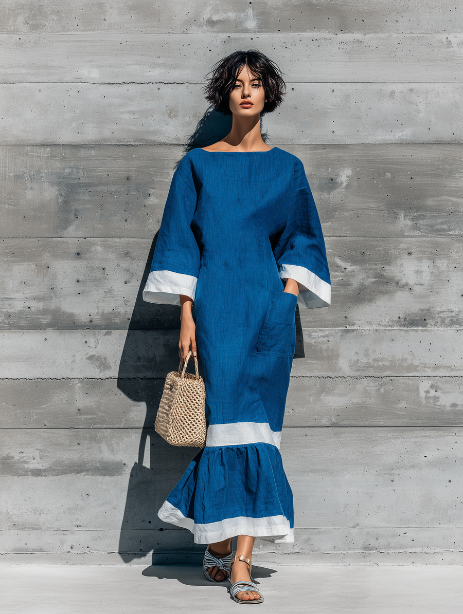 Women’s Blue Cotton-linen blend Boat Neck Three Quarter Flare Cuff White Contrast Trim Tiered Ruffle Hem Midi Dress With Side Pockets MDZ1315G7YZJ
