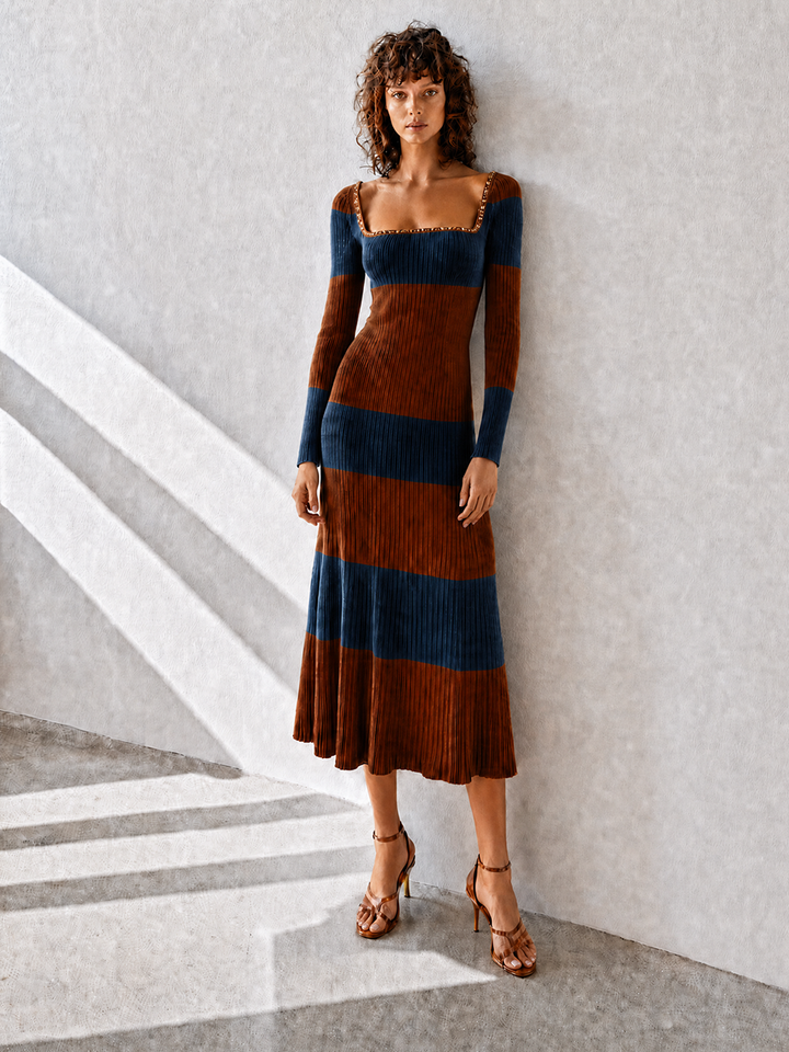 Women's Elegant Vintage Brown-and-Navy Striped Square-Neck Long-Sleeve Fitted Ribbed-Knit Midi Dress MDZ1344G4CMX