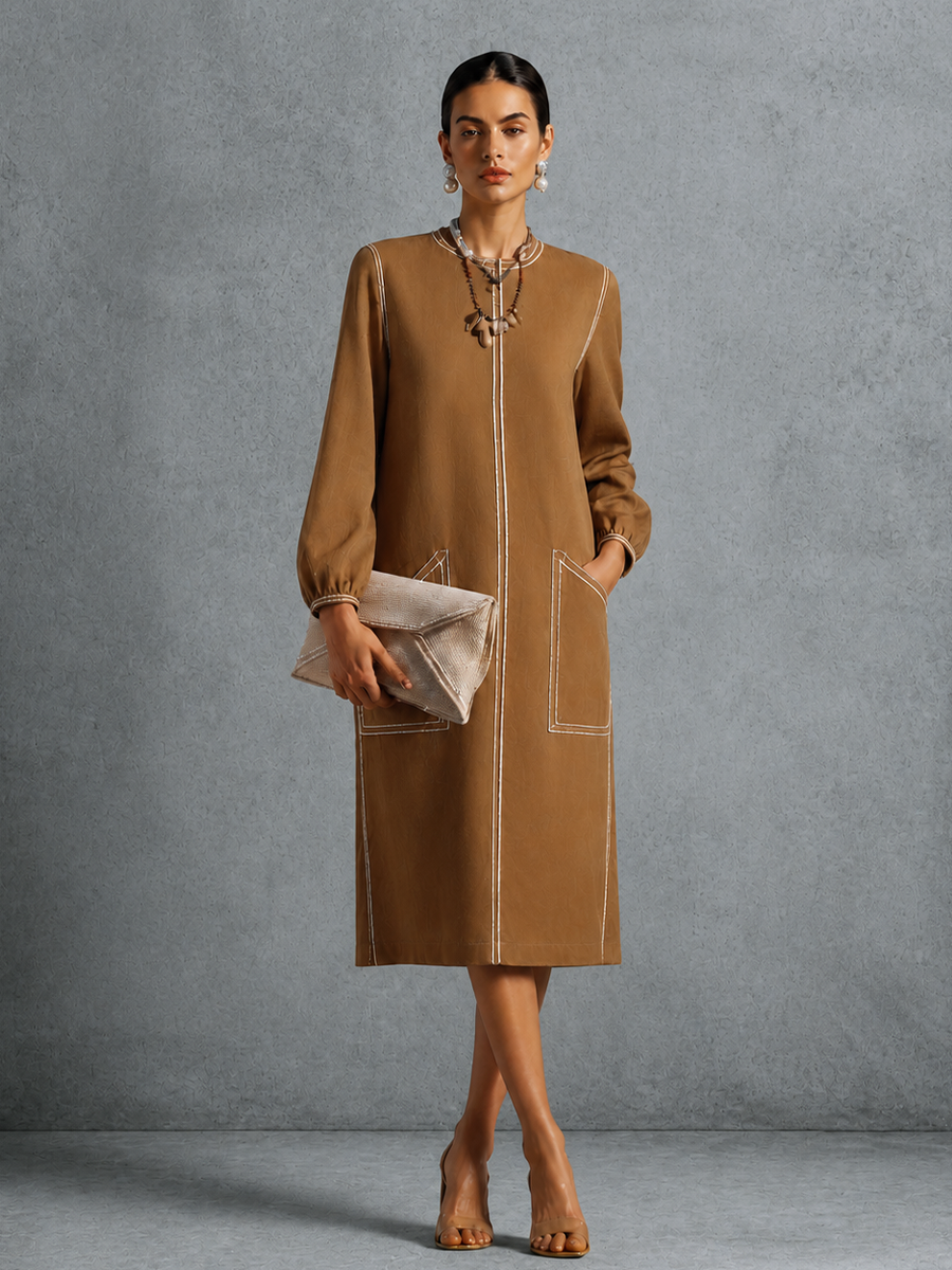 Women's Retro Commuter Caramel Cotton Blend Contrast Stitch Patch Pocket Lantern Sleeve Midi Dress MDZ1339G3GMJ