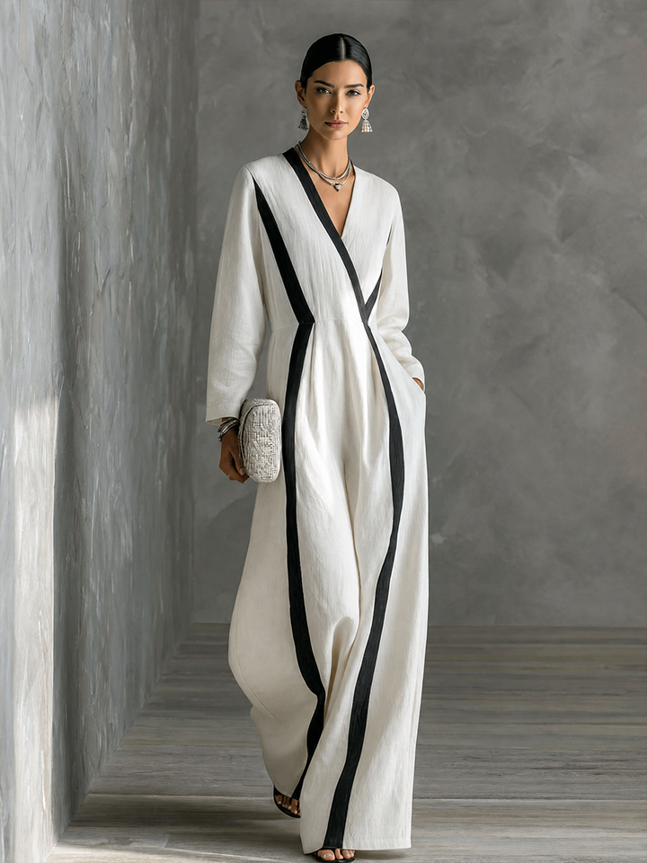 Women's Minimalist Vacation Style White Cotton Linen V-Neck Color-Blocked Striped Long-Sleeved Wide-Leg Jumpsuit MDZ1382G0GMJ
