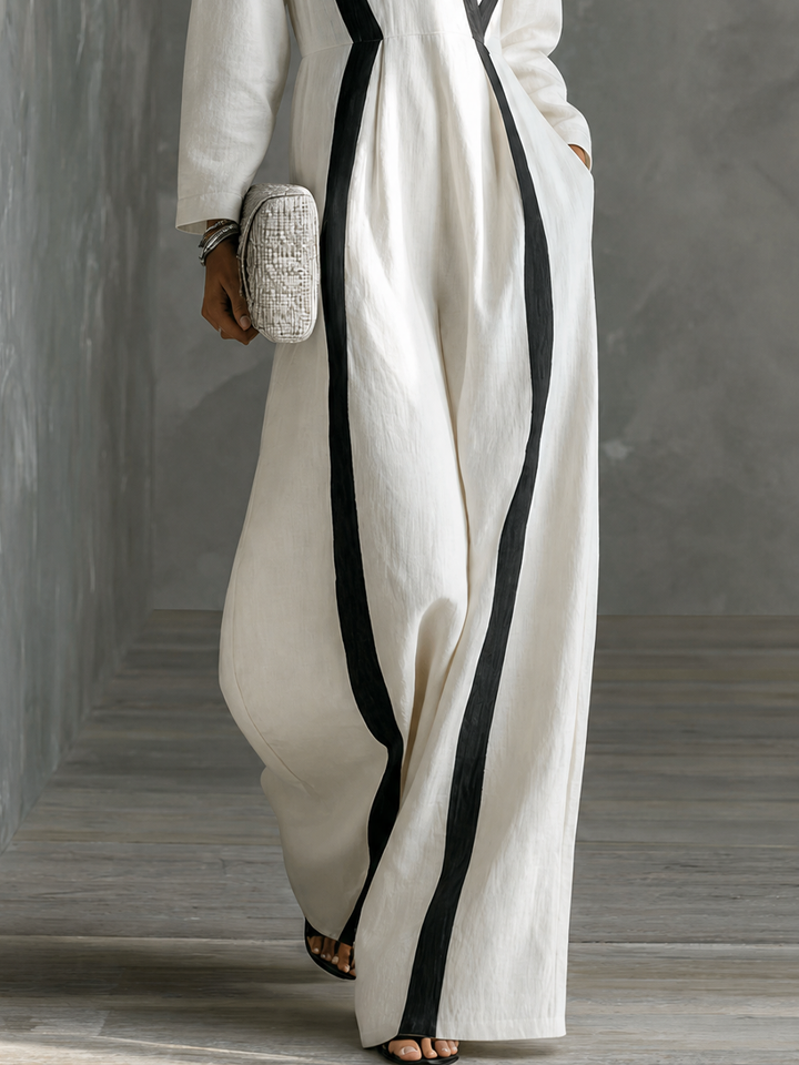Women's Minimalist Vacation Style White Cotton Linen V-Neck Color-Blocked Striped Long-Sleeved Wide-Leg Jumpsuit MDZ1382G0GMJ