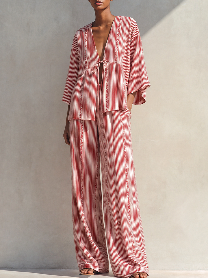 Women's Bohemian Red And White Striped Viscose Blend V-Neck Tie Front Kimono Sleeve Top And Wide-Leg Pants Two-Piece Set MDZ1490G4ZSQ