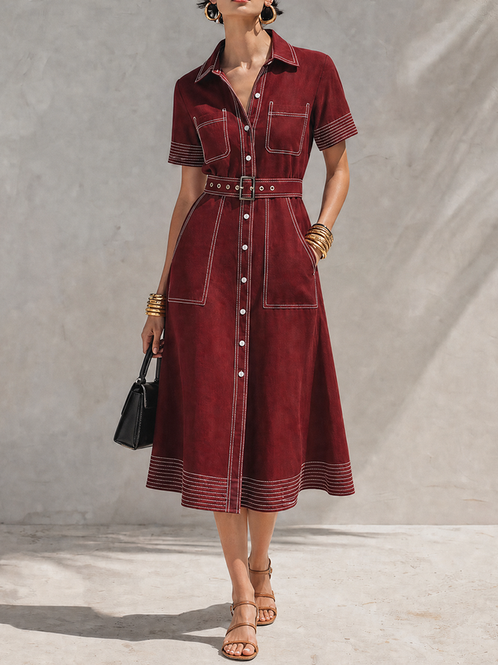 Women's Vintage Style Burgundy Cotton Blend Collared Short Sleeve Contrast Topstitch Belted Button-Front Midi Shirt Dress MDZ1453G7ZSQ