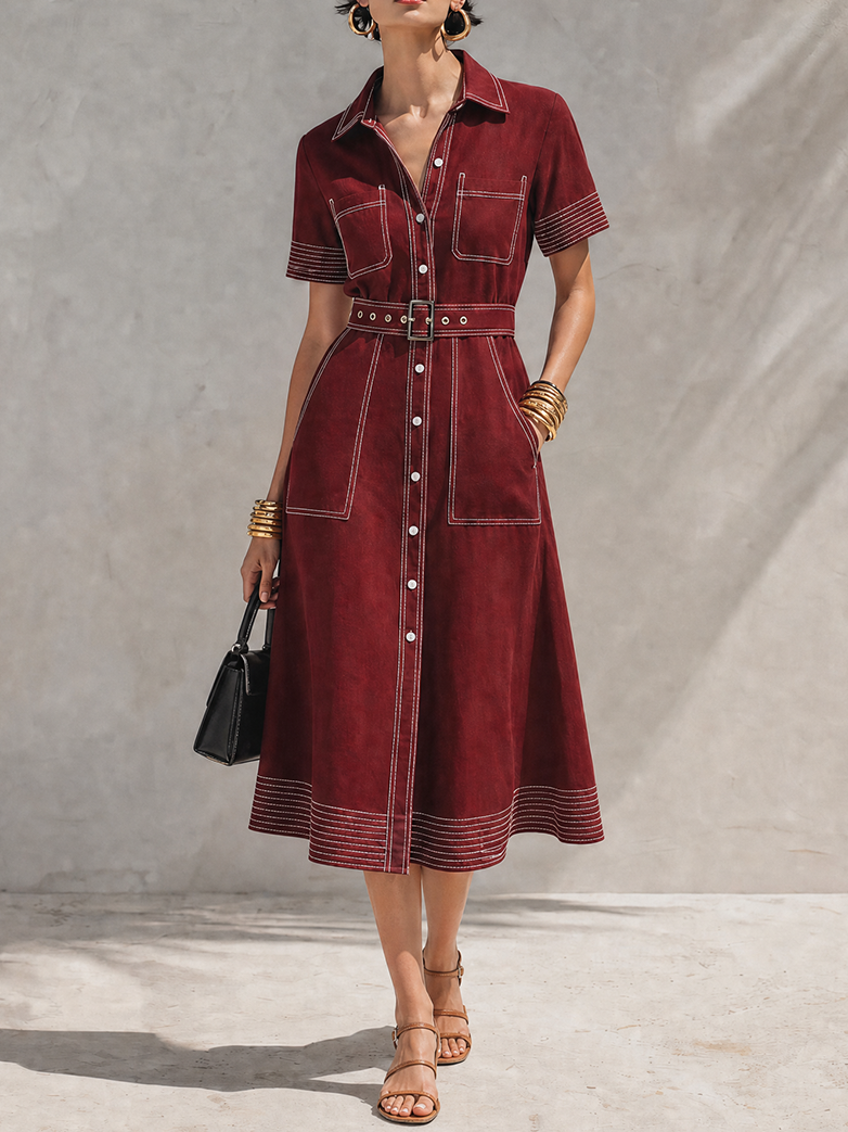 Women's Vintage Style Burgundy Cotton Blend Collared Short Sleeve Contrast Topstitch Belted Button-Front Midi Shirt Dress MDZ1453G7ZSQ