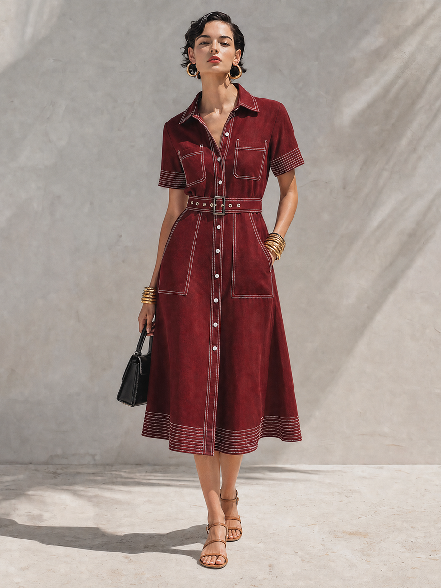 Women's Vintage Style Burgundy Cotton Blend Collared Short Sleeve Contrast Topstitch Belted Button-Front Midi Shirt Dress MDZ1453G7ZSQ