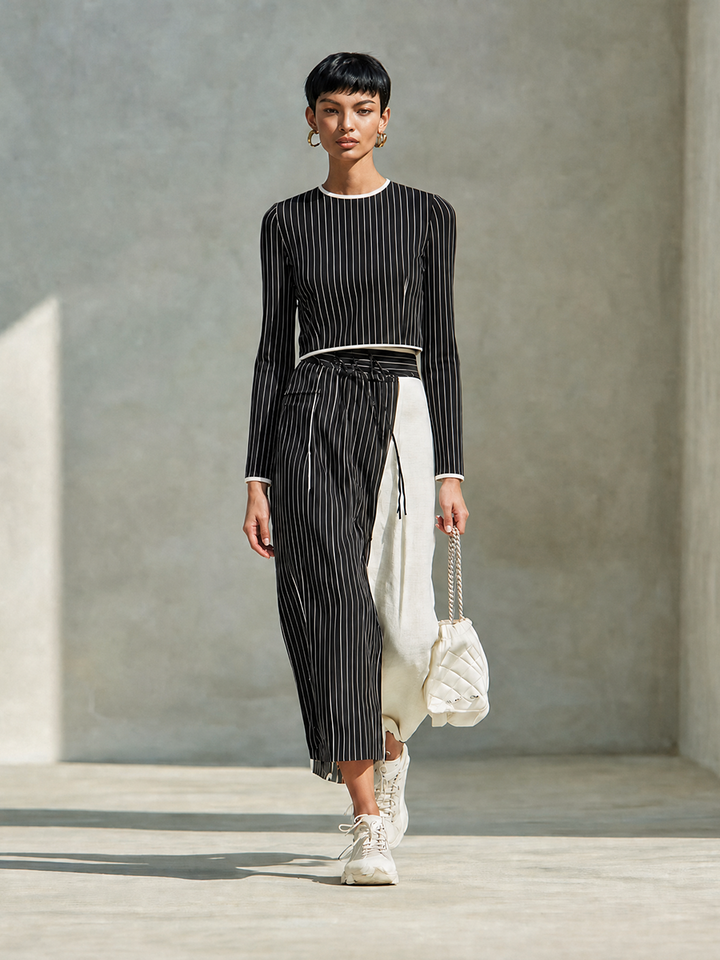 Women's Modern Black And White Pinstripe Knit Round Neck Long Sleeve Cropped Top And Contrast Wide-Leg Pants Two-Piece Set MDZ1436G2ZSQ