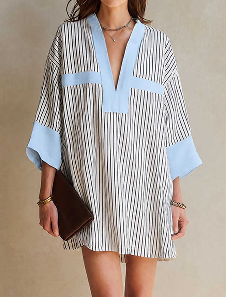Women's Minimalist Vertical‑Striped Mini Dress With Light‑Blue Contrast Trim And Three‑Quarter Sleeves MDZ1480G2ZRK