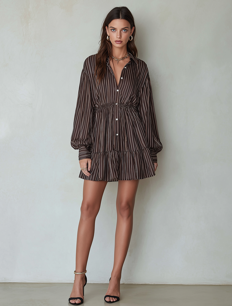 Women's Minimalist Vertical‑Striped Mini Shirt Dress With Drawstring Waist And Long Puff Sleeves MDZ1493G9ZRK