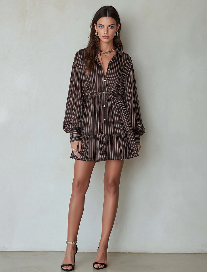 Women's Minimalist Vertical‑Striped Mini Shirt Dress With Drawstring Waist And Long Puff Sleeves MDZ1493G9ZRK