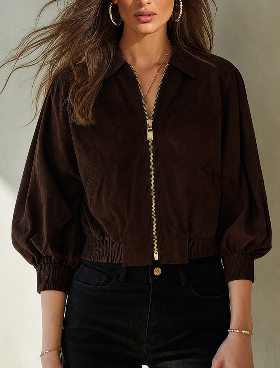 Women's Stylish Cropped Faux Suede Zip-Up Jacket With Lapel Collar MDZ1419G3ZRK