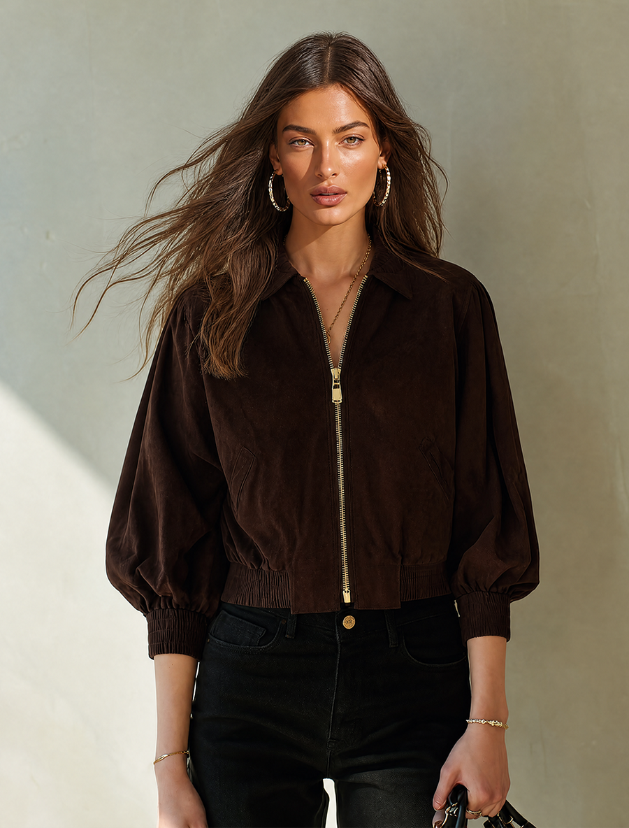 Women's Stylish Cropped Faux Suede Zip-Up Jacket With Lapel Collar MDZ1419G3ZRK