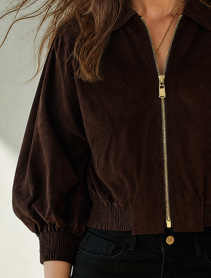Women's Stylish Cropped Faux Suede Zip-Up Jacket With Lapel Collar MDZ1419G3ZRK