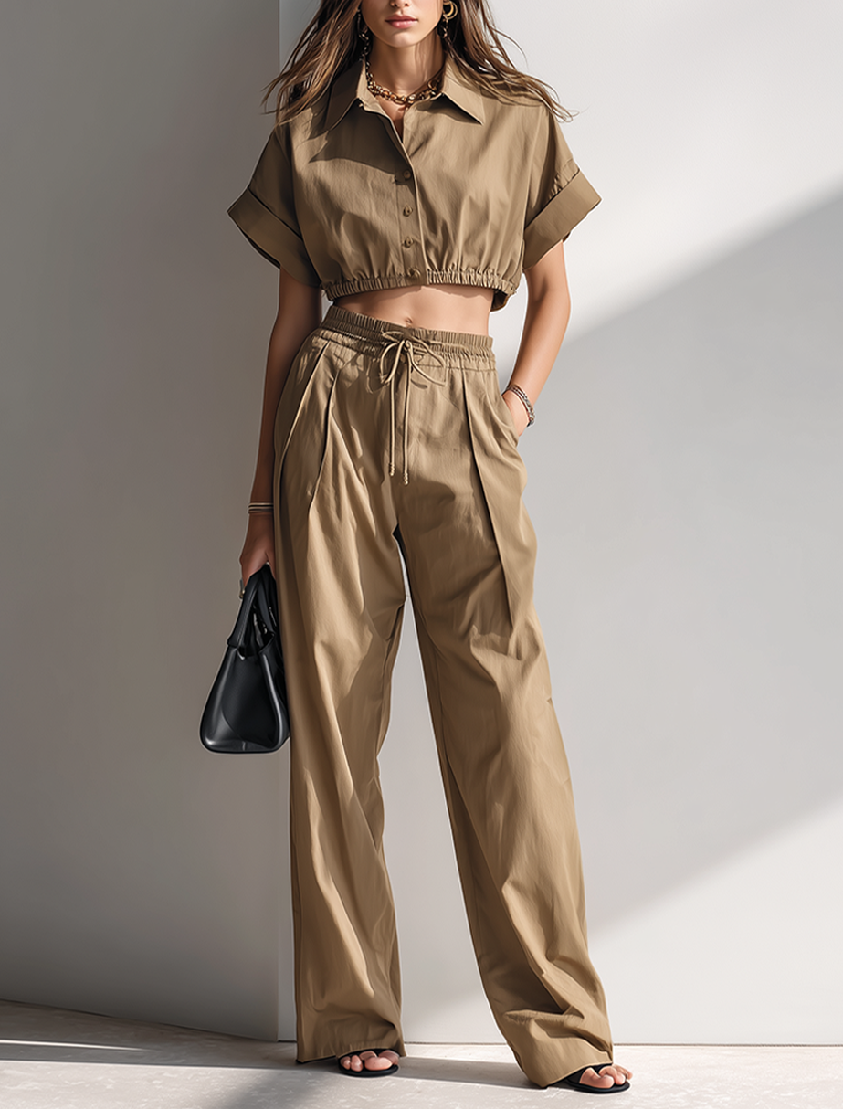 Khaki Cropped Shirt Set