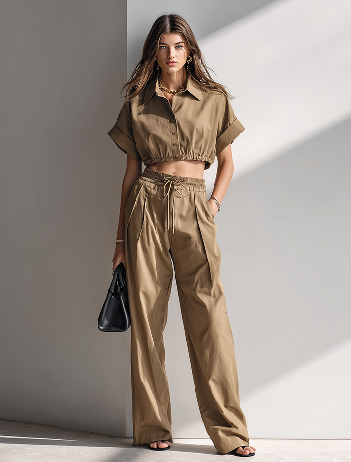 Khaki Cropped Shirt Set