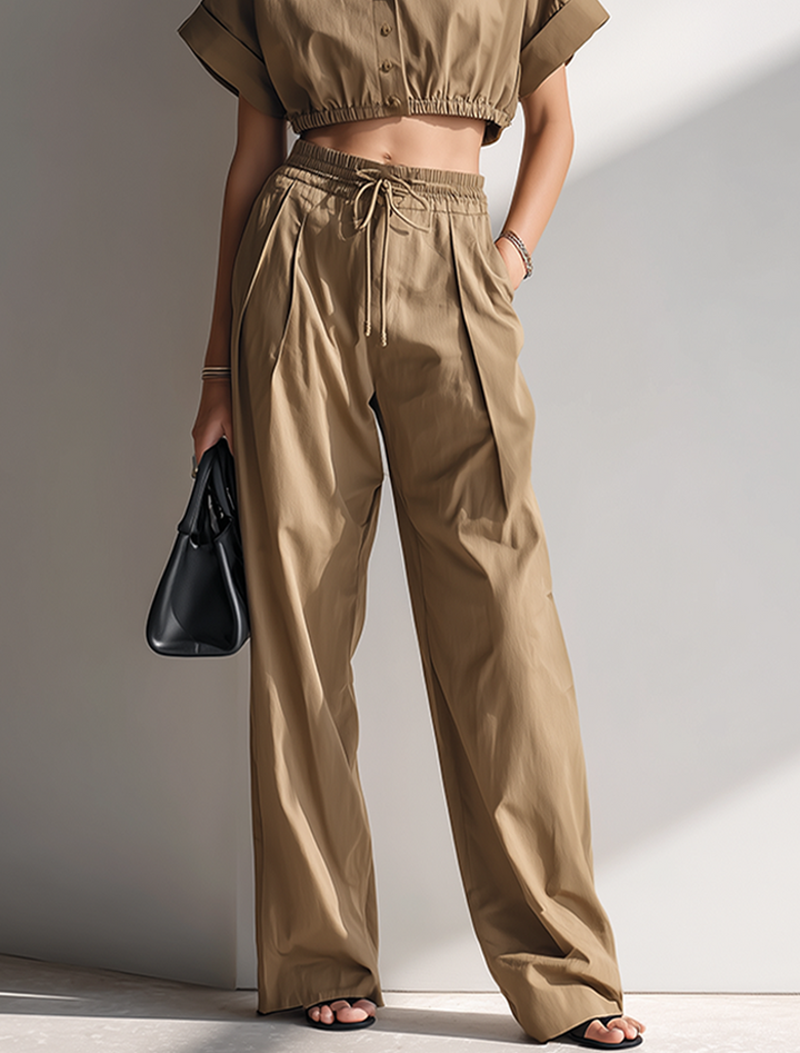 Women's Khaki Cotton‑Blend Collared Cropped Shirt Top & Wide‑Leg Pants Set MDZ1448G9ZRK