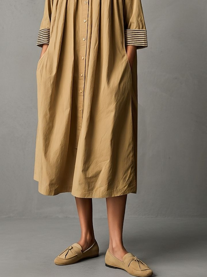 Women's Khaki Cotton Midi Shirt Dress With Stand Collar Gathered Neck & Striped Cuff Three Quarter Sleeves, Lagenlook Loose Casual Midi Dress MDZ1476G7LYL
