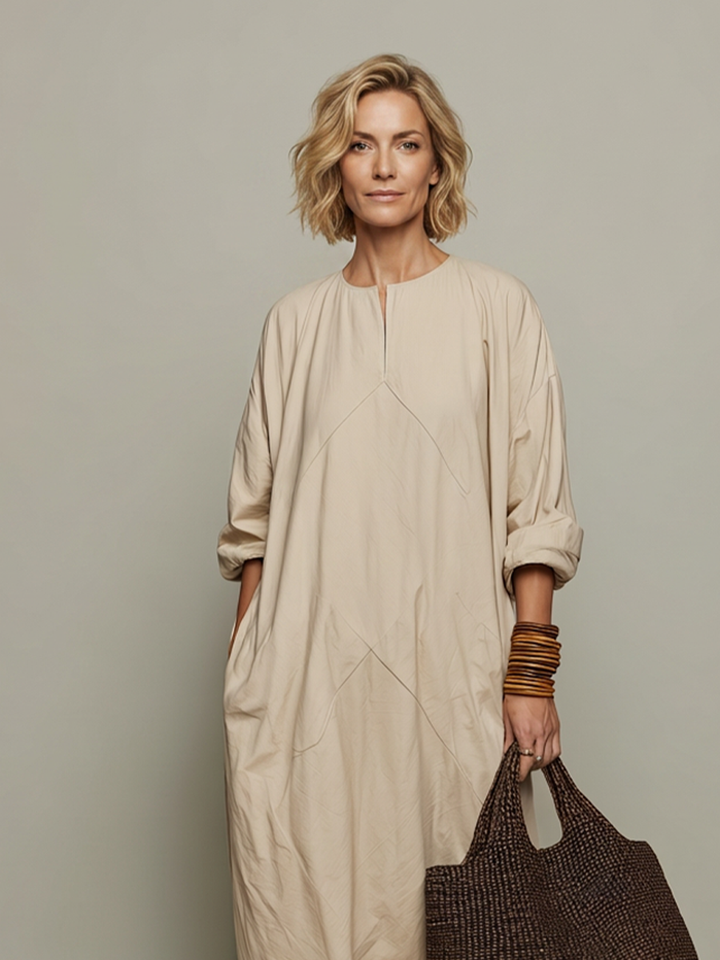Women's Beige Cotton Midi Kaftan Dress With Split Crew Neck & Rolled Three Quarter Sleeves, Minimalist Lagenlook Loose Casual Midi Dress MDZ1431G2LYL