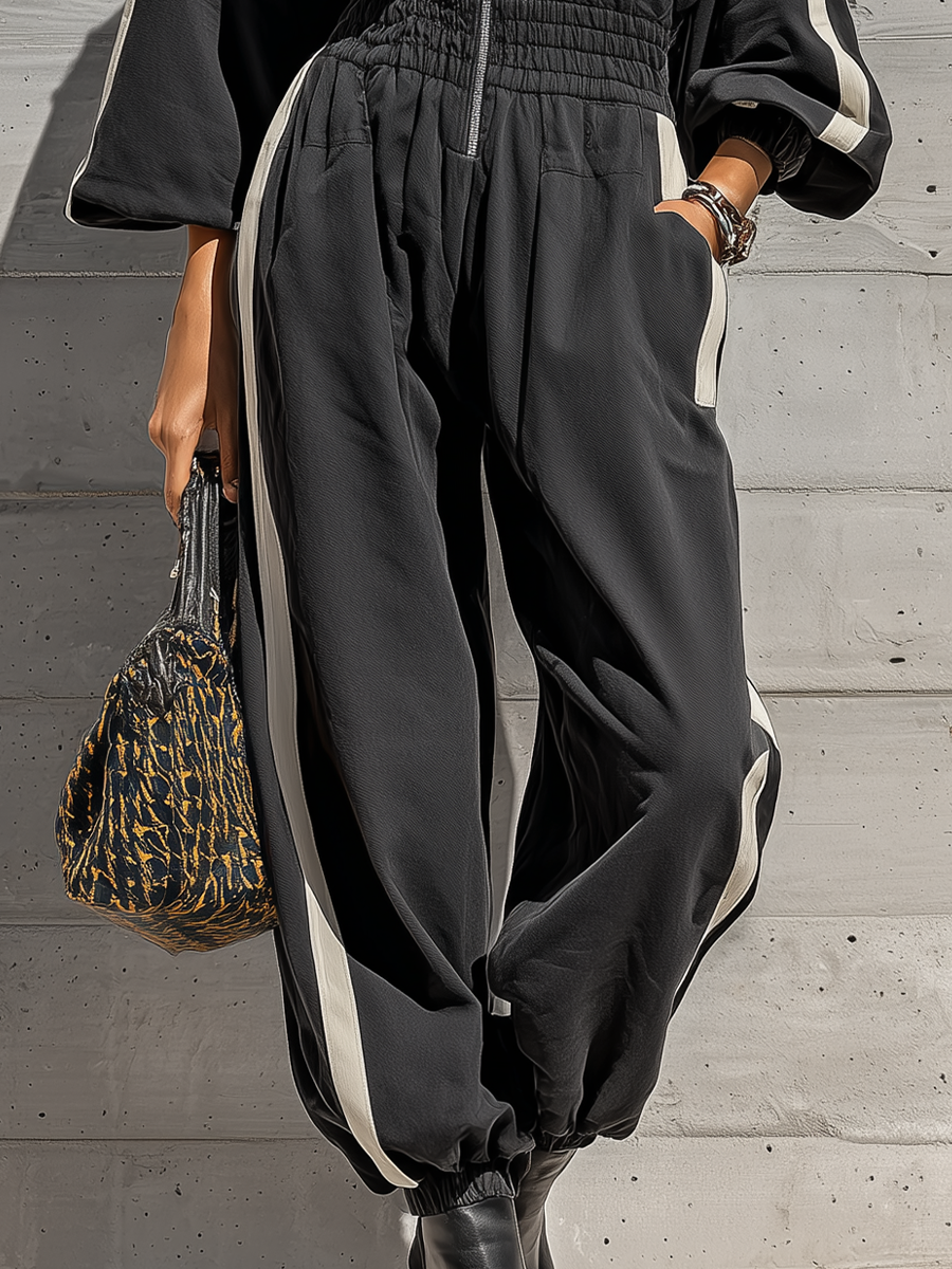 Women's Black White Stripe Washed Cotton Oversized Long Sleeve High Neck Zip Front Elastic Cuff Jogger Jumpsuit MDZ1429G0YZJ