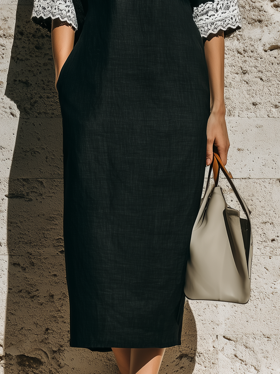 Women's Black Cotton-linen Blend Mandarin Collar Half Zip White Lace Trim Three Quarter Stripe Patch Pocket Midi Kaftan Dress MDZ1444G4YZJ