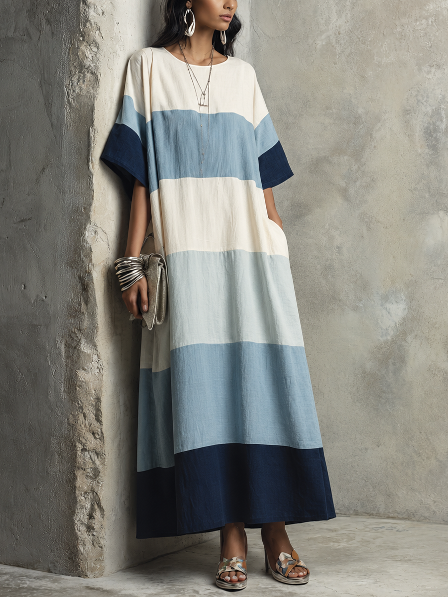 Women's Relaxed Vacation Off White Spliced Blue Cotton Blend Horizontal Stripe Loose Short Sleeve Maxi Dress MDZ1410G1GMJ