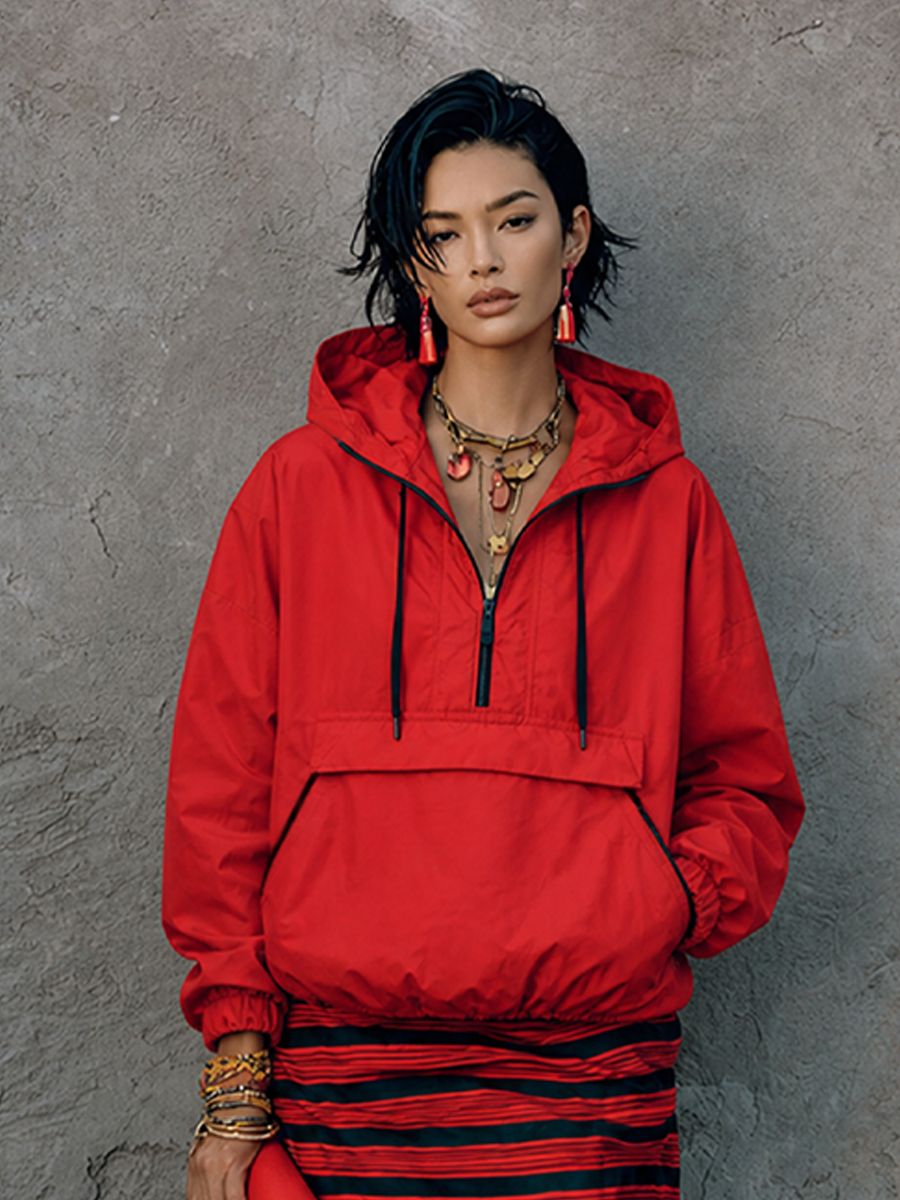 Women's Street Casual Bright Red Polyester Half Zip Hooded Kangaroo Pocket Cropped Windbreaker Sweatshirt MDZ1429G6GMJ