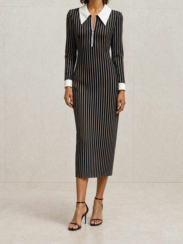 Women's Elegant Modern Black Pinstripe White-Collar Zip Long-Sleeve Fitted Midi Dress MDZ1593G3CMX