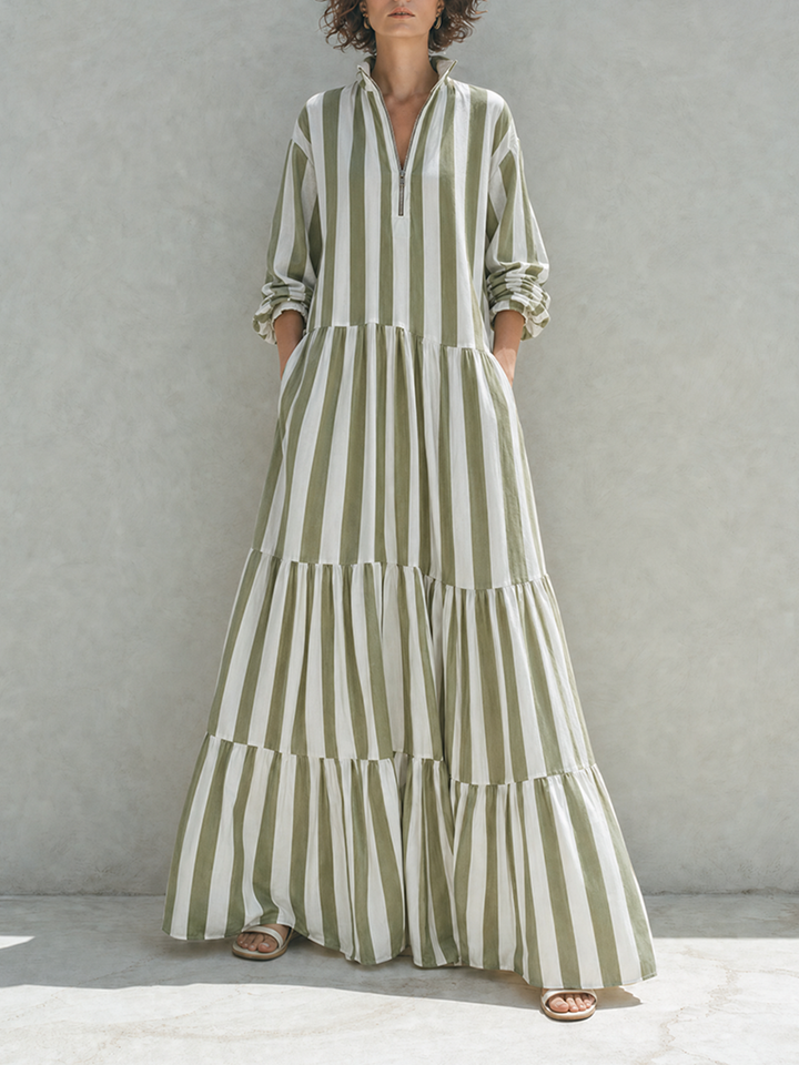 Women's Resort-Style Green And White Striped Stand-Collar Zip Long-Sleeve Tiered Full-Flare Cotton Maxi Dress MDZ1532G2CMX