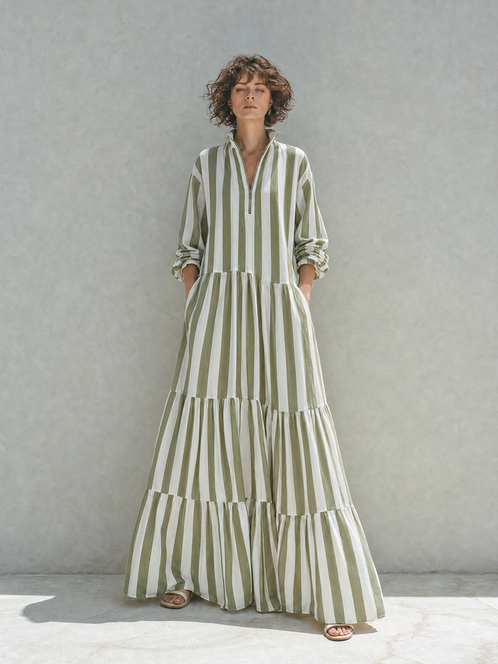 Women's Resort-Style Green And White Striped Stand-Collar Zip Long-Sleeve Tiered Full-Flare Cotton Maxi Dress MDZ1532G2CMX