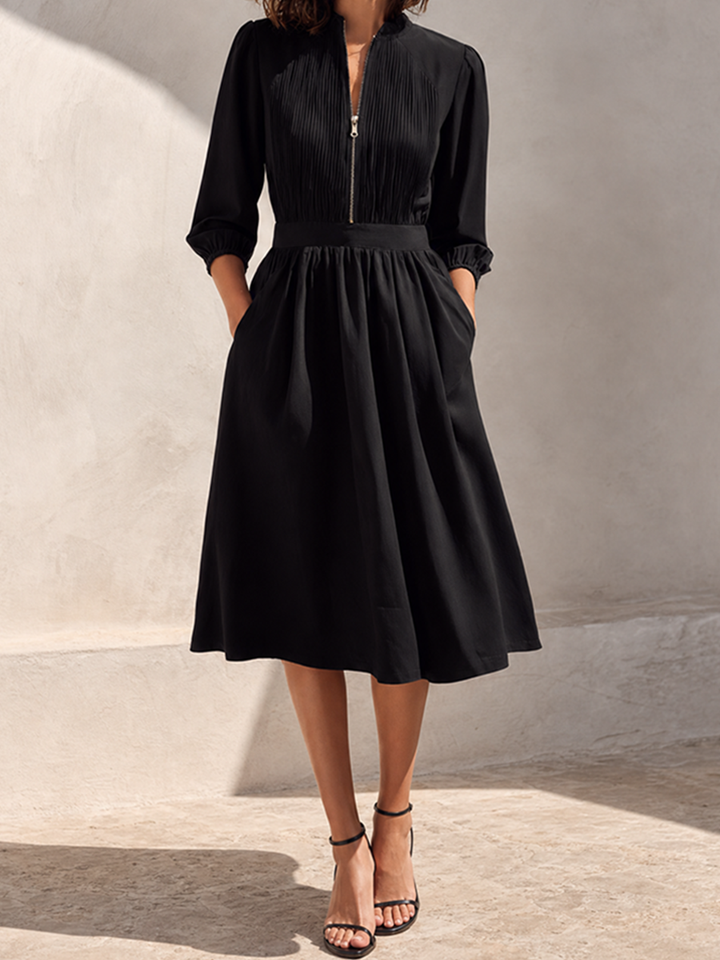 Women's Elegant Workwear Black Stand-Collar Zip-Front Pleated Bishop-Sleeve Cinched-Waist Midi Dress MDZ1567G4CMX