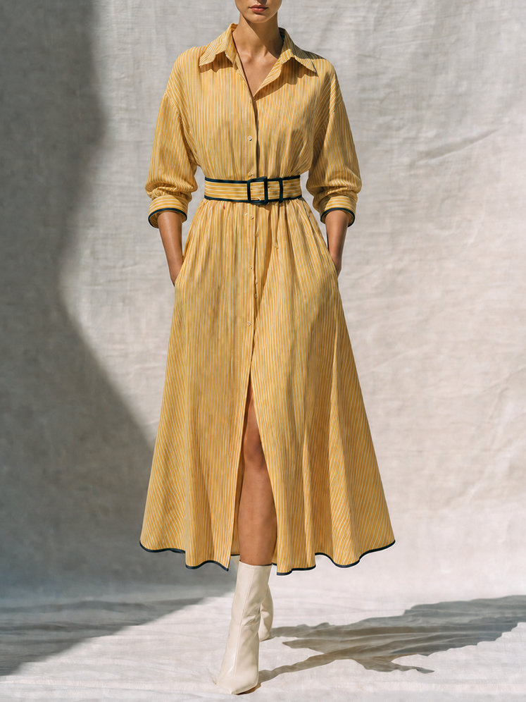 Women's Retro Style Yellow Cotton Blend Striped Collared Long Sleeve Belted Button-Front Contrast Trim Midi Shirt Dress MDZ1572G3ZSQ