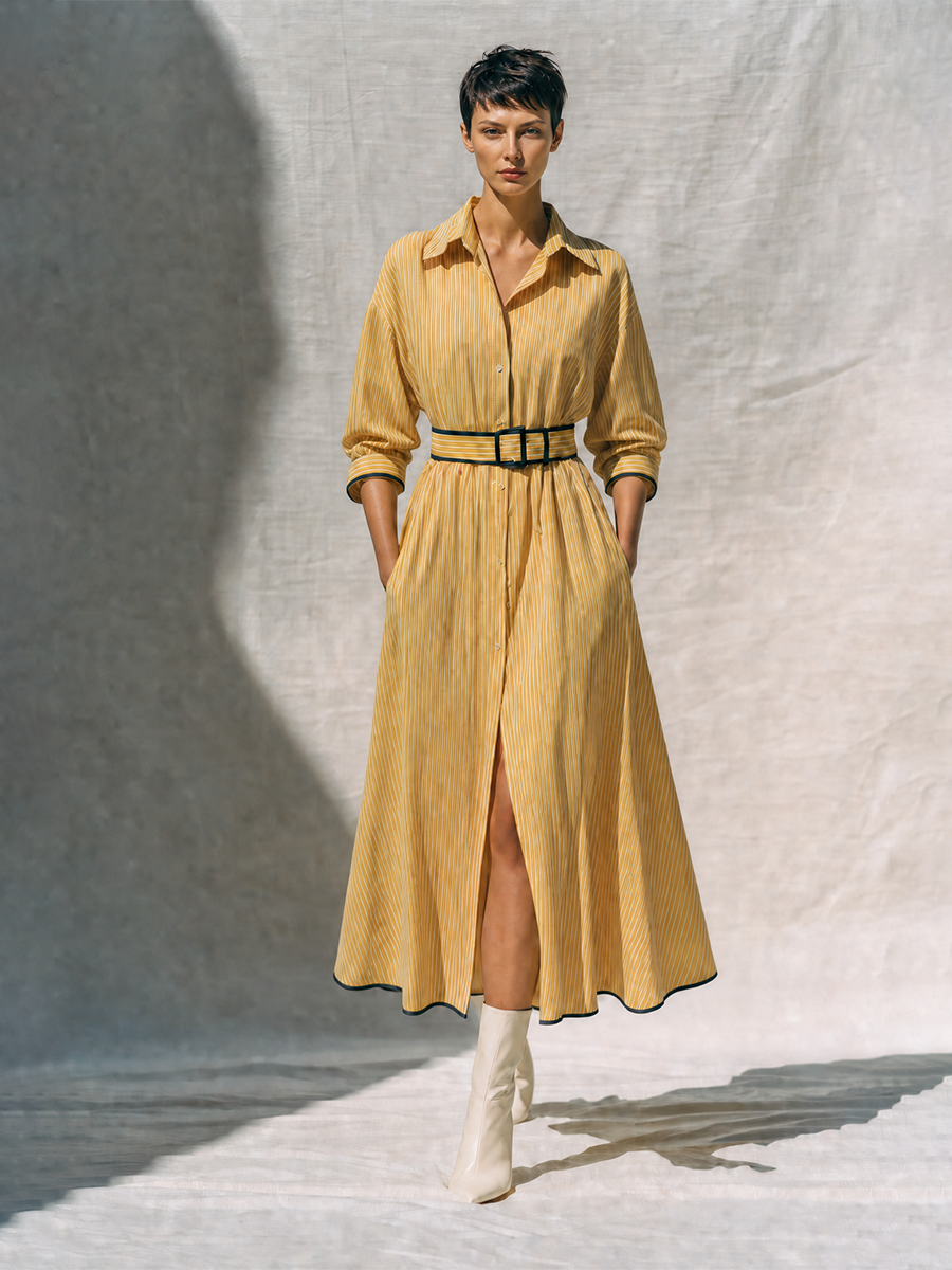 Women's Retro Style Yellow Cotton Blend Striped Collared Long Sleeve Belted Button-Front Contrast Trim Midi Shirt Dress MDZ1572G3ZSQ