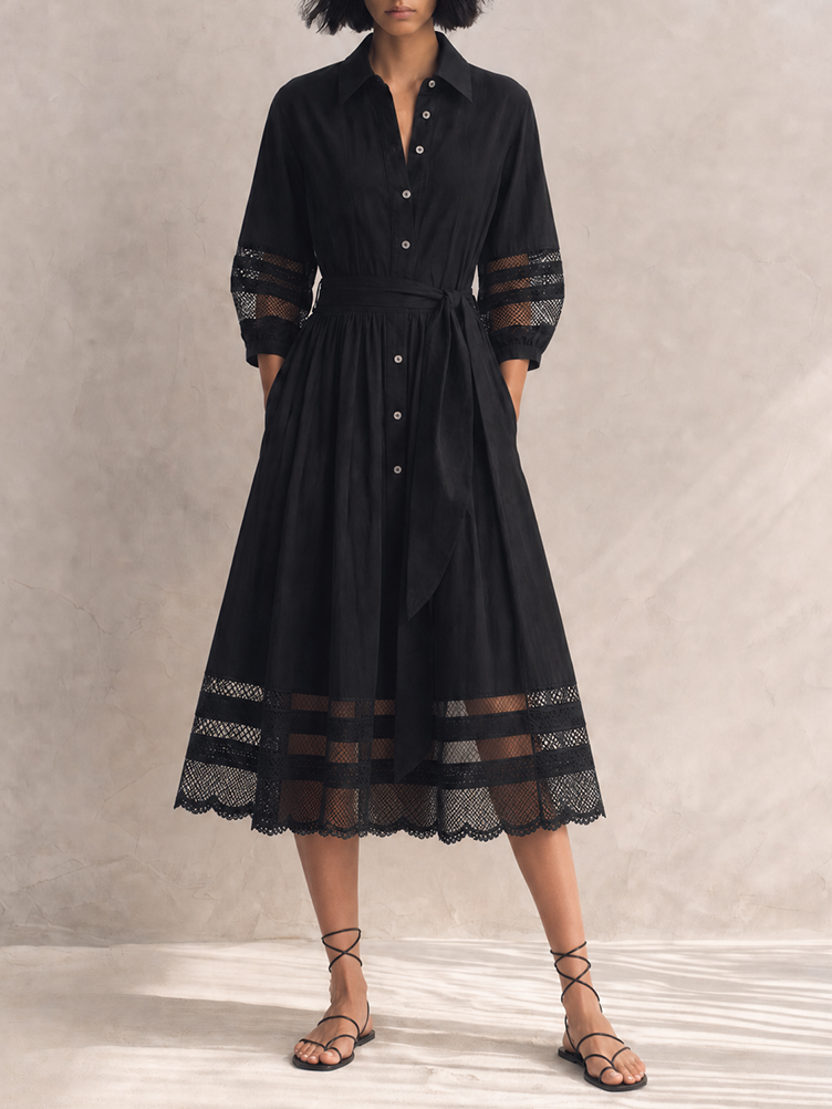 Women's Elegant Black Cotton Blend Collared Three-Quarter Sleeve Belted Lace Trim Button-Front Midi Shirt Dress MDZ1579G4ZSQ