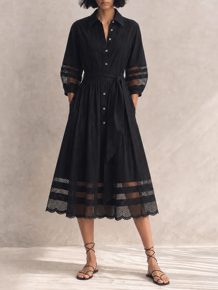 Women's Elegant Black Cotton Blend Collared Three-Quarter Sleeve Belted Lace Trim Button-Front Midi Shirt Dress MDZ1579G4ZSQ