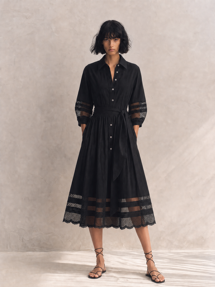 Women's Elegant Black Cotton Blend Collared Three-Quarter Sleeve Belted Lace Trim Button-Front Midi Shirt Dress MDZ1579G4ZSQ